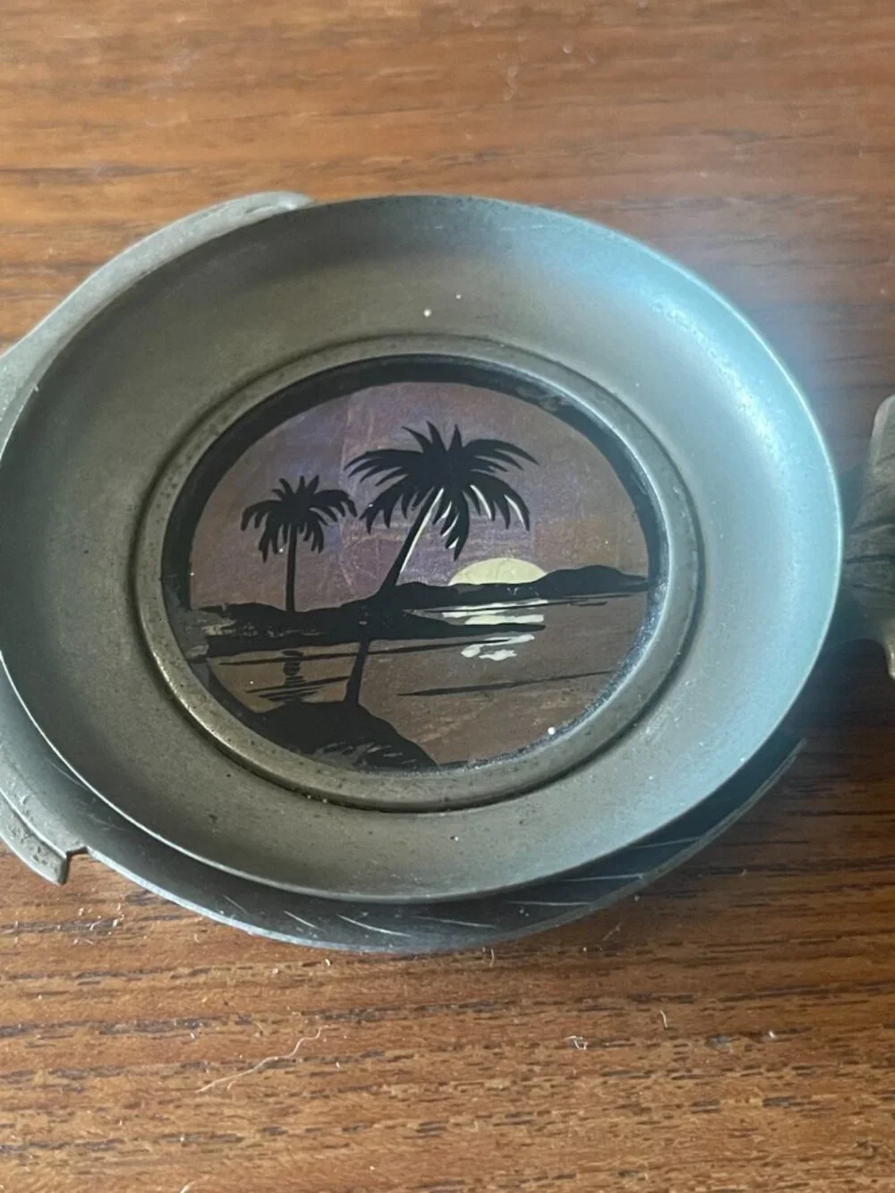 Art Deco Butterfly Reverse Painted Glass Pewter Fish Ash Tray